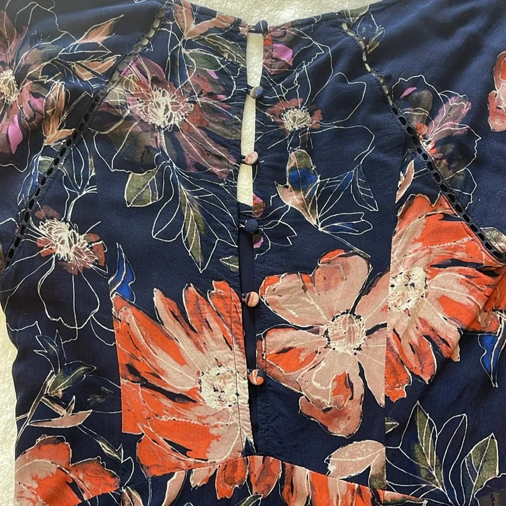 Free People Floral Navy and Orange Lined Dress Size 0 EUC